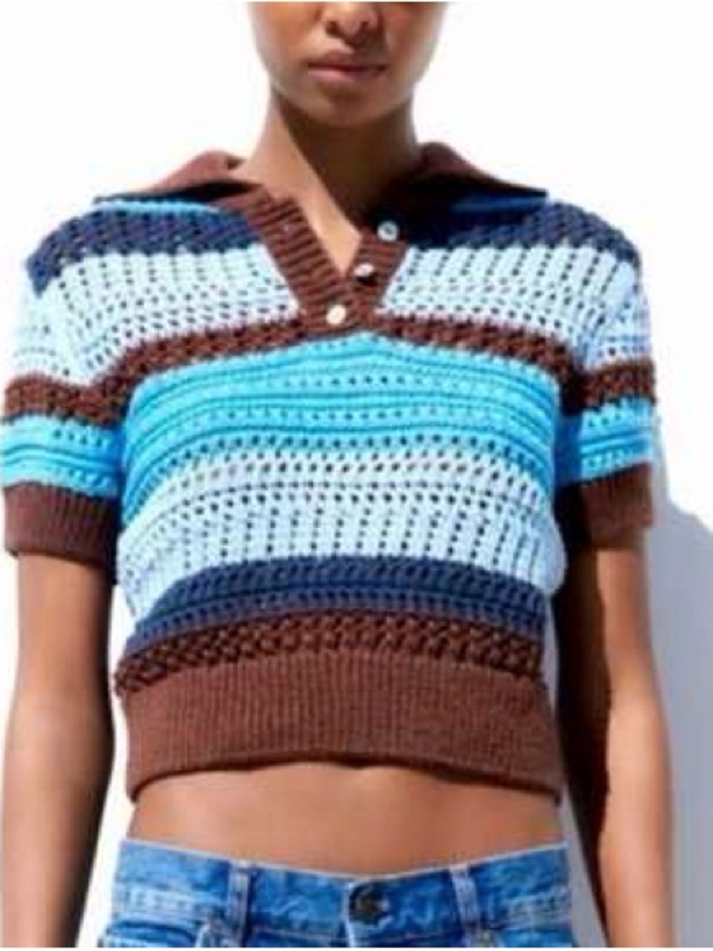 Zara Cropped Striped Crochet Knit Polo Shirt